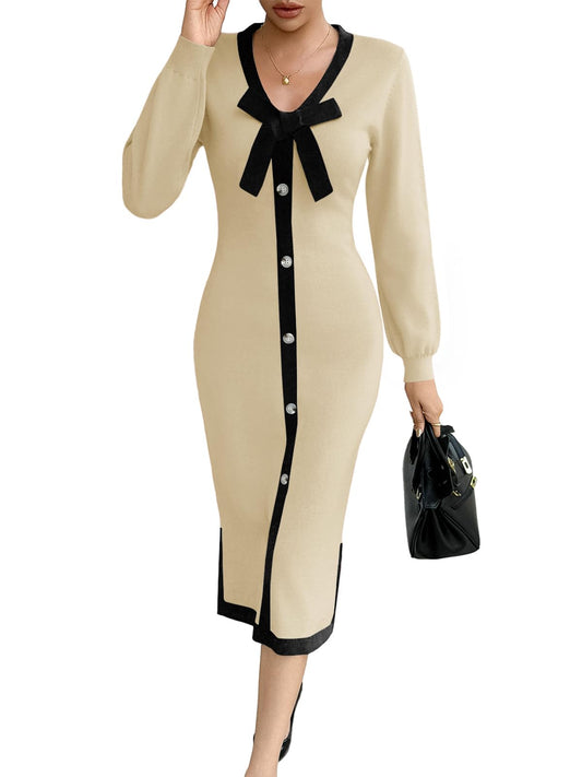 Sisu Couture's Wenrine V Neck Sweater Dress Fall Bodycon Button Bow - image 1