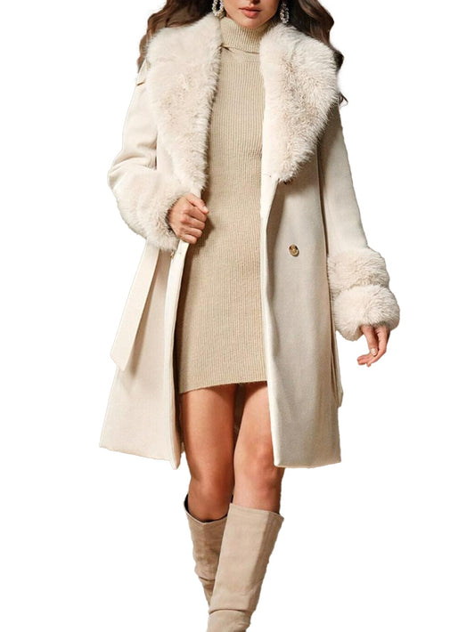 Sisu Couture's Elegant Beige Faux Fur Collar Double Breasted Winter Wool‑blend - image 1