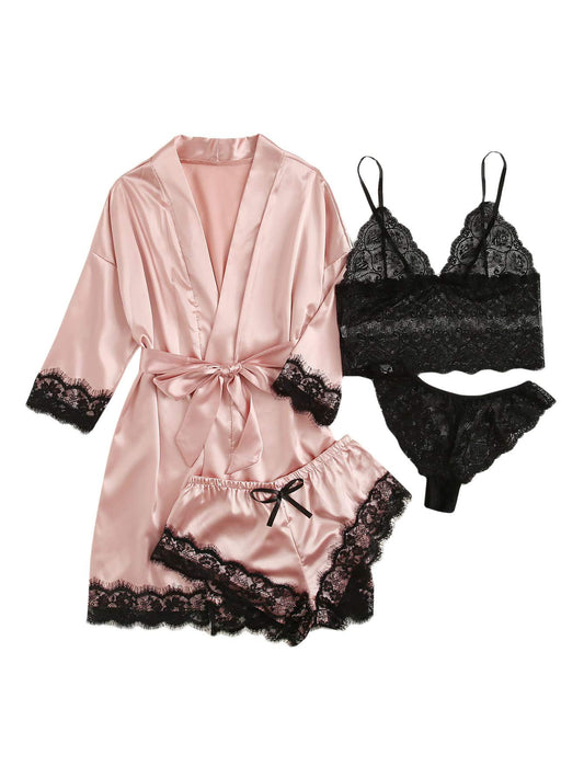 Sisu Couture's Women' Silk Satin Pajamas Set 4pcs Lingerie Floral Lace Cami Sleepwear With Robe - image 1