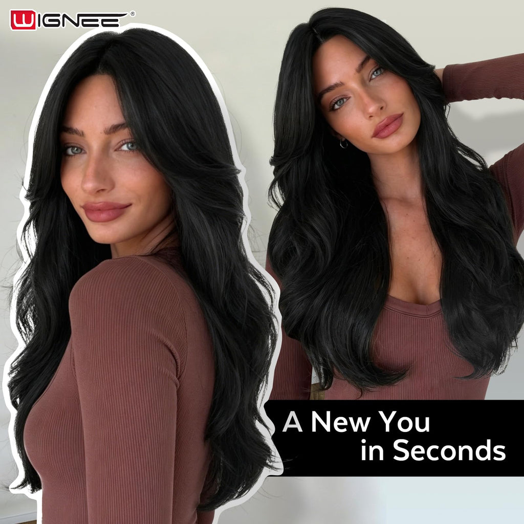Sisu Couture's Wignee Curtain Bang Wig 26 Inch Black Wig Synthetic - image 16