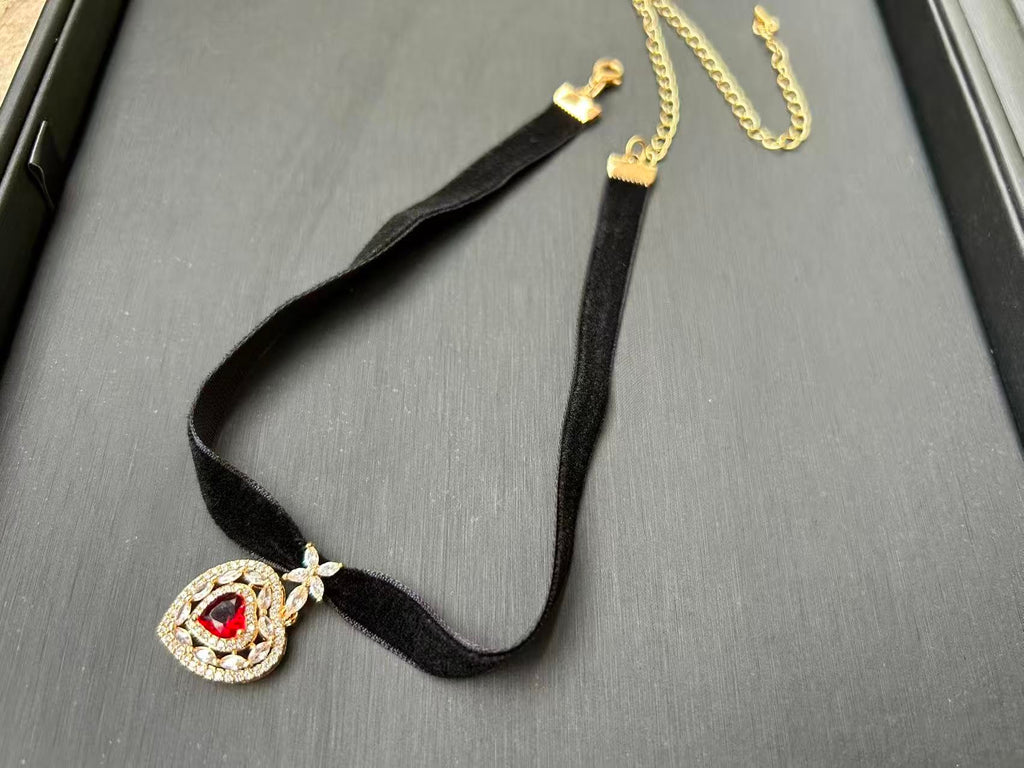 Sisu Couture's Momocat 14k Gold Plated Black Velvet Choker Imitation Ruby - image 9