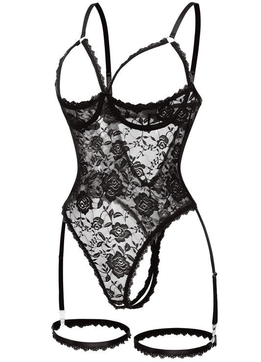 Sisu Couture's Sexy Floral Lace Teddy Lingerie Garter Belt Backless Bodysuit - image 1