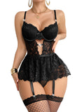 Sisu Couture's Stocking Underwire Push Up Rhinestones Heart Floral Lace Mesh Sheer Garter Bodysuit Skirt Lingerie Set 3 Piece - image 1