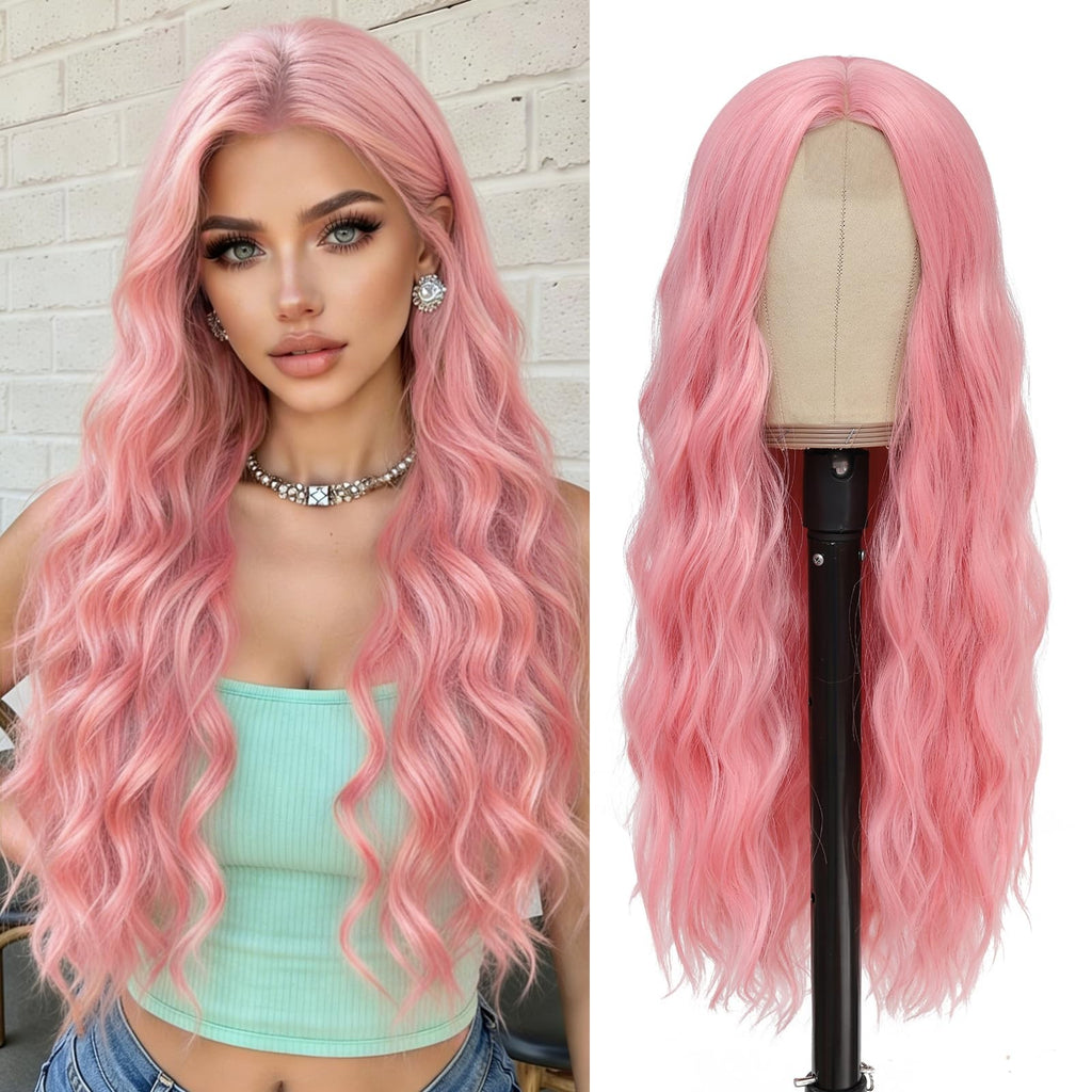 Sisu Couture's Pink Wig Long Pink Wavy Wigs 26 Inch Middle - image 2