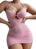 Sisu Couture's Chain Sheer Mesh Ruched Bodycon Mini Night Out Club Dress With Thong 2 Piece Outfits - image 1