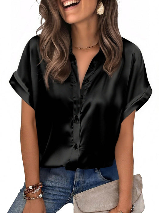 Sisu Couture's Elegant Short Sleeve Satin Blouse - image 1