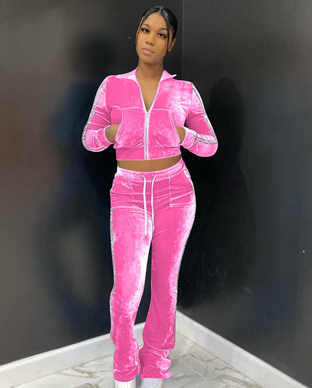 Sisu Couture's Velour Tracksuit Two Piece Long Sleeve Zip Crop Top - image 14