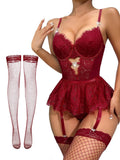Sisu Couture's Stocking Rhinestones Heart Garter Underwire Floral Mesh Lace Sheer Babydoll Lingerie Teddy Bodysuit Skirt Set - image 1