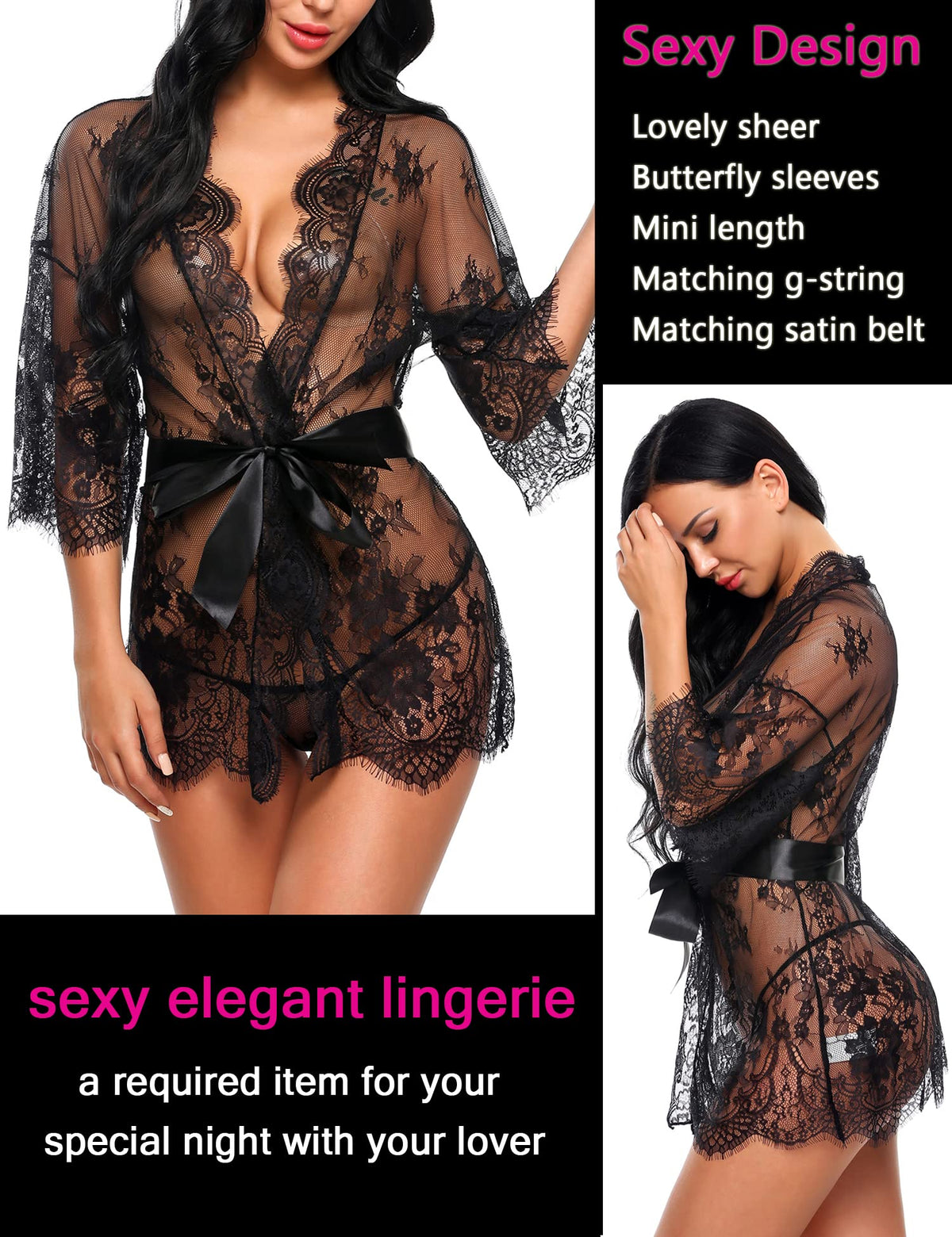 Sisu Couture's Avidlove Lace Kimono Robe Babydoll Lingerie Mesh Nightgown S - image 16