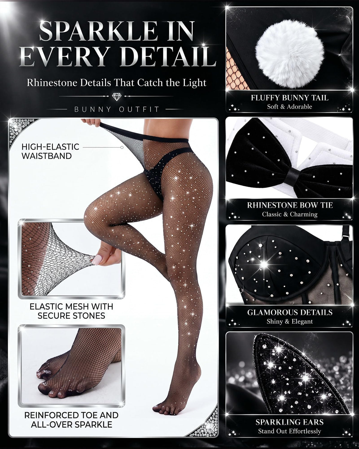 Sisu Couture's 7 Pcs Rhinestone Bunny Costume Sexy Halloween Outfit - image 11