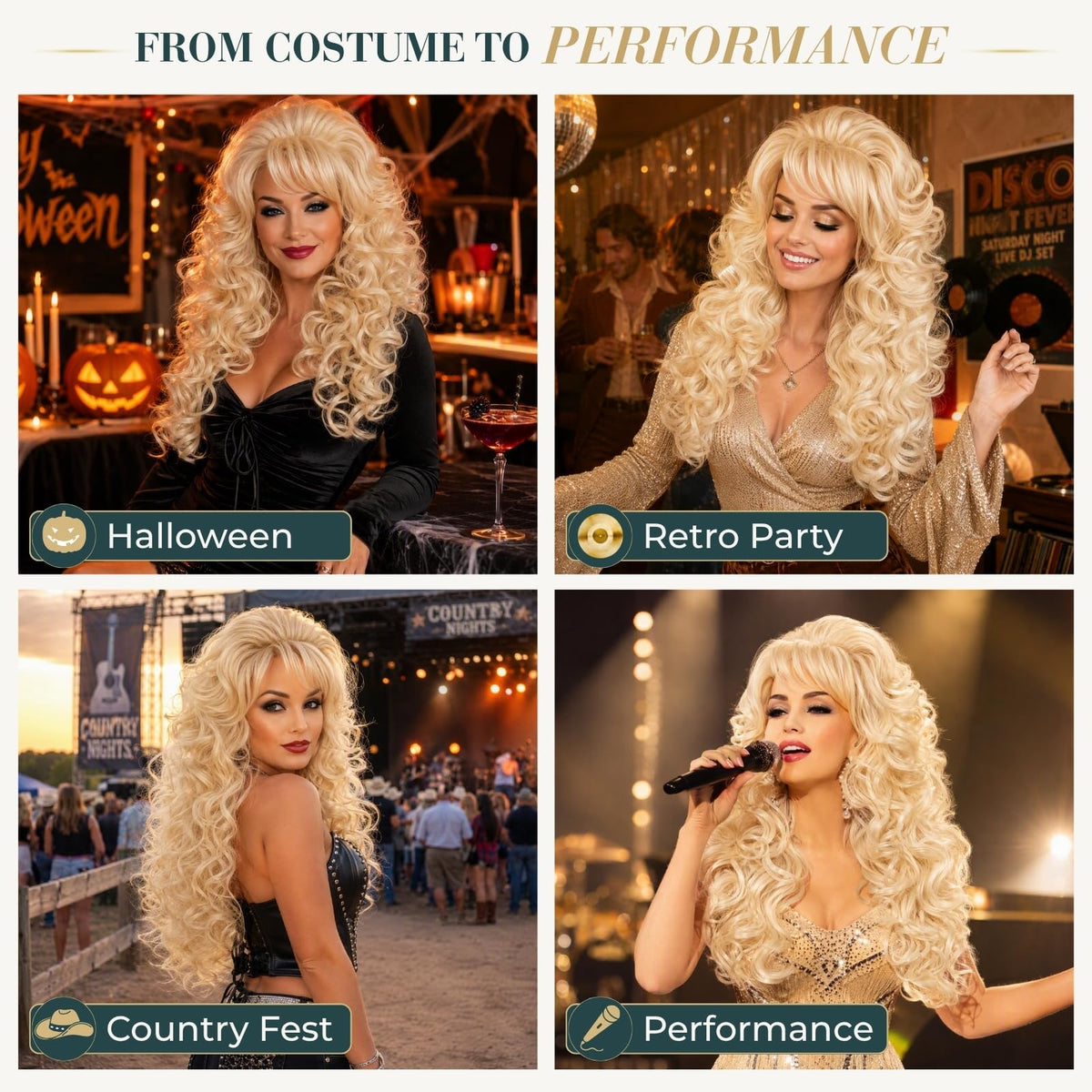 Sisu Couture's Long Blonde Curly Wig With Bangs Retro Country Diva - image 19