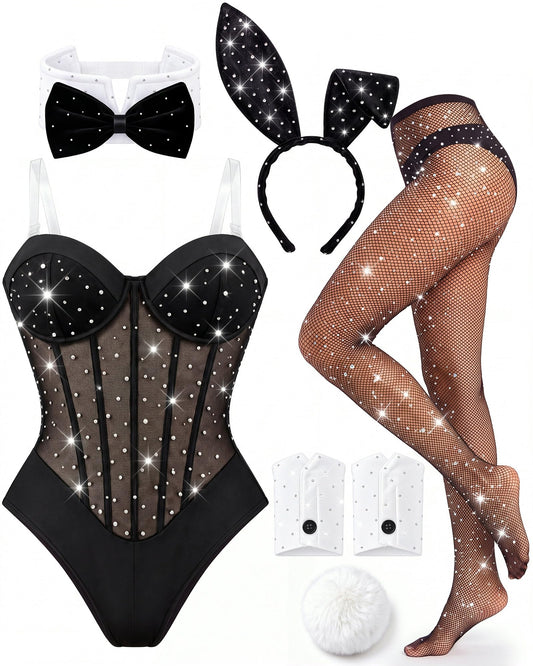 Sisu Couture's 7 Pcs Rhinestone Bunny Costume Sexy Halloween Outfit - image 1