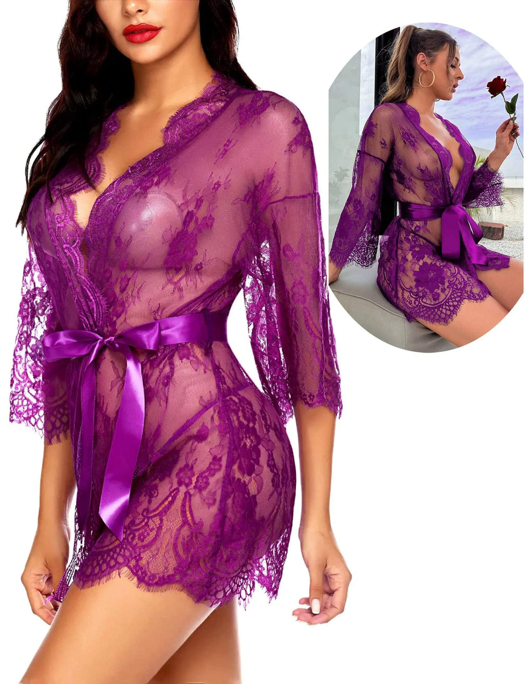 Sisu Couture's Avidlove Lace Kimono Robe Babydoll Lingerie Mesh Nightgown S - image 18